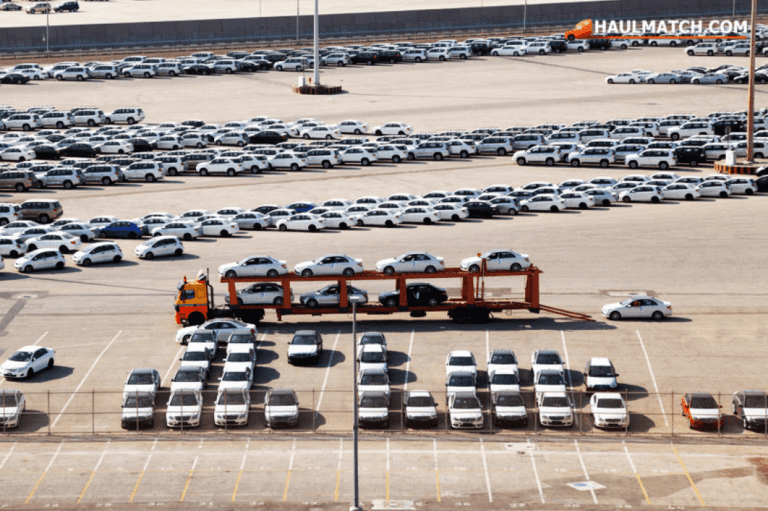Vehicles awaiting auction transport pickup