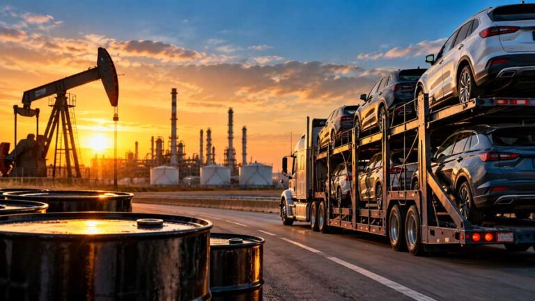 Cars waiting at a diesel fuel station during fuel market volatility in 2026