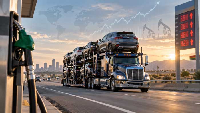 Car carrier truck on a U.S. highway illustrating rising diesel and oil price pressure