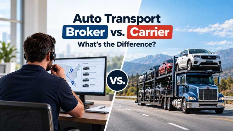 Auto transport broker vs carrier comparison showing a booking agent and a vehicle transport truck