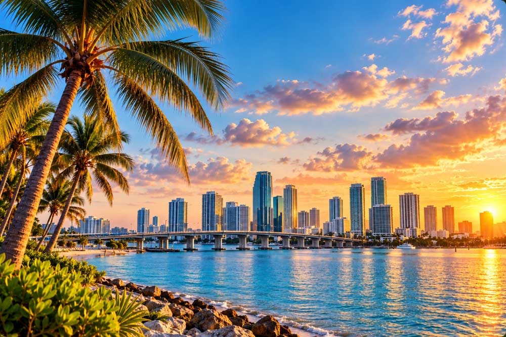Florida waterfront skyline at sunset