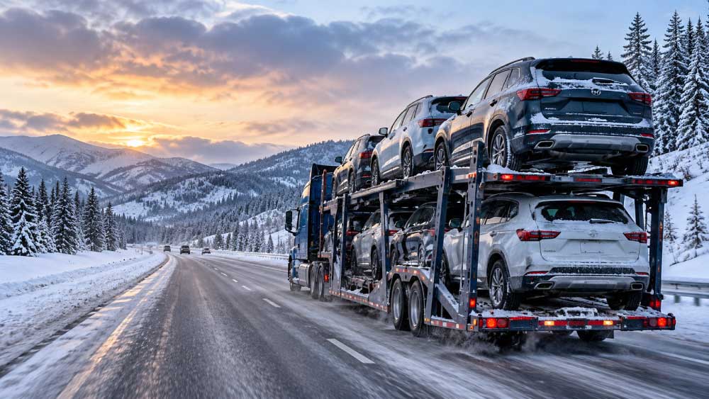 Open car carrier transporting vehicles on a snowy mountain highway in winter