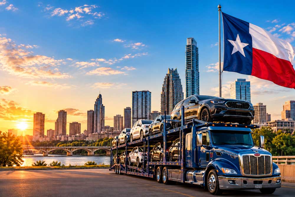 Car carrier transporting vehicles near the Austin skyline beneath the Texas flag at sunset